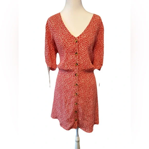 H&M Red Orange Button-Down Ditsy Floral Dress sz 8 - Picture 1 of 5